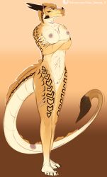 absurd_res annoyed anthro areola arm_under_breasts breasts digital_media_(artwork) dragon female genitals hi_res horn looking_at_viewer mythological_creature mythological_scalie mythology nipples nude sandstone_(winderside) sandwing_(wof) scalie simple_background sine_nomine_x solo standing stinger tail wings_of_fire yellow_body