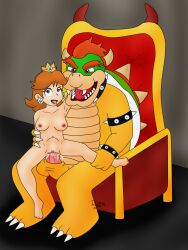 1boy 1girls anthro anthro_on_human arm_around_neck balls bowser bracelet breasts brown_hair collar crown duo earrings female flower_earrings furry furry_male genitals grabbing_leg hair horns human human_on_anthro iedasb indoors interspecies king koopa larger_male legs_apart light-skinned_female light_skin male male/female mammal mario_(series) mature mature_female mature_male nintendo nipples nude nude_female open_mouth penis penis_in_pussy princess princess_daisy red_hair reptile royalty sex shell sitting sitting_on_throne size_difference smaller_female spiked_shell spikes straight straight_sex teeth testicles throne tongue tongue_out yellow_skin
