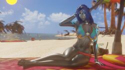 1female 3d ash_bladesong bathing_suit beach beach_towel blue_eyes blue_hair body_markings body_tattoo circlet dark-skinned_female dark_skin elf elf_ears female glowing_eyes leaves_in_hair morilymory night_elf pointed_ears scars scars_on_chest solo solo_female tattoo world_of_warcraft