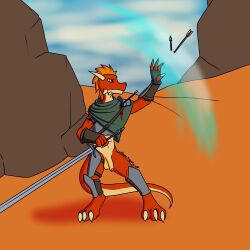 anthro armor arrow_(weapon) blood bodily_fluids cloak clothing countershading desert facial_spikes fyreblazes gloves hair handwear hi_res horn jaw_spikes kobold magic magic_user male melee_weapon orange_eyes orange_hair ranged_weapon red_body scalie solo spikes spikes_(anatomy) sword weapon wounded zaw_(fyreblazes)