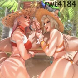 1boy 2girls 3d 3d_background 3d_model artist_name ashe_(overwatch) ass balls balls_fondling balls_grab beach beach_background big_ass big_butt bikini blizzard_entertainment blonde_female blonde_hair bottomless_male bubble_ass bubble_butt female ffm_threesome genitals hand_on_balls hand_on_penis handjob hands_behind_head hands_on_penis light-skinned_female light-skinned_male light_skin male mature_female mature_woman mercy mff nude nude_male open_legs open_mouth overwatch overwatch_2 palm_leaf palm_tree penis penis_grab rwt4184 spread_legs straw_hat tagme tagme_(character) tongue_out touching_balls touching_penis two_tone_hair video_game_character video_games watermark white_hair