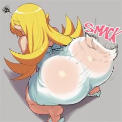 ai_generated amiamia bent_over huge_ass oshino_shinobu slapping_ass slapping_butt squatting sundress