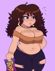 belly_overhang blush bracelet chips_(food) chubby chubby_cheeks cleavage drewmang earrings holding_object latina navel solo torn_clothes