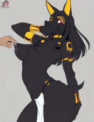 ai_generated anthro anubian_jackal armlet black_body black_fur black_hair black_nipples bracelet covering_mouth disembodied_hand female furry gold_eyeliner gold_eyeshadow gold_markings grabbing_nipple jackal lactating leaking_milk leaking_nipples medium_breasts monochrome_fur navel nipple_pull pelvic_curtain red_eyes solo topless zorkpics