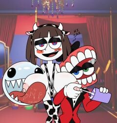 areolae big_breasts breasts bubble_(the_amazing_digital_circus) caine_(the_amazing_digital_circus) cow_print dialogue female female/female female_focus glitch_productions jester lactation licking_breast looking_pleasured male male/female milk milking nipples pale_skin pomni_(the_amazing_digital_circus) sharp_teeth short_hair shortstack takeshi1000 the_amazing_digital_circus