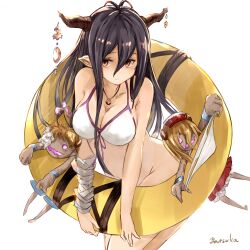 1:1_aspect_ratio ahoge bandages bikini bikini_bottom_removed bikini_removed black_hair blush bottomless breasts cleavage clothing danua draph_race_(granblue_fantasy) ear female front-tie_top granblue_fantasy gretel_(granblue_fantasy) hair_between_eyes hansel_(granblue_fantasy) high_resolution horn_ornament horns innertube jewelry large_breasts long_hair looking_at_viewer necklace pointed_ears red_eyes simple_background solo stuffed_toy swimsuit very_high_resolution white_background white_bikini white_swimsuit yatsuka_(846)