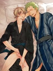 2boys bed blonde_hair blush bulge cum erection green_hair kimono licking_lips male male_only masturbation multiple_boys muscle naughty_face one_piece roronoa_zoro sleeping smirk steam sweat tagme testicles tongue undressing vinsmoke_sanji yaoi yuu_(1969loy)