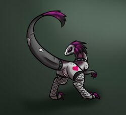 alorix anthro armwear ass claws clothing collar dinosaur eyebrow_piercing facial_piercing female fishnet furgonomics goth hair heart legwear long_tail looking_at_viewer looking_back multicolored_hair piercing pink_claws pink_eyes pink_hair presenting presenting_hindquarters pussy raptor reptile roxxi scalie simple_background solo stockings tail_clothing theropod