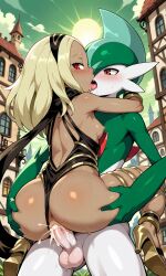 ai_generated black_leotard blonde_hair breasts breasts_out french_kiss gallade high_heels juicy_ass juicy_butt juicy_pussy kat_(gravity_rush) kissing leotard leotard_aside nintendo playstation playstation_vita pokemon pokemon_(species) pussy red_eyes scarf small_breasts stand_and_carry_position thick_thighs vaginal_penetration vaginal_sex