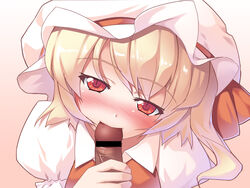 bar_censor blonde_hair blush censored fellatio female flandre_scarlet hair handjob hat hat_ribbon head_tilt headgear highres ichio looking_at_viewer mob_cap nose_blush oral penis pov puffy_short_sleeves puffy_sleeves red_eyes red_ribbon ribbon short_sleeves side_ponytail smile touhou upper_body veins veiny_penis