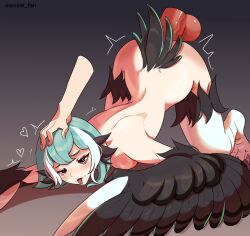 1boy absurdres animal_ears bird_ears bird_legs bird_tail black_feathers black_tail black_wings blush commentary disembodied_hand disembodied_penis english_commentary feathered_wings feathers female green_feathers green_hair harpy highres monster_girl original penis pink_eyes sex tail talons tongue tongue_out top-down_bottom-up twitter_username uncensored unreal_fish white_feathers white_hair winged_arms wings