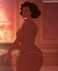 1girls artist_name bottomless brown_eyes brown_hair canoartnsfw dark-skinned_female dark_skin eudora female female_only from_behind lipstick looking_back looking_over_shoulder makeup measuring measuring_tape naked naked_female nude nude_female red_lipstick sideboob smiling solo solo_female tape_measure the_princess_and_the_frog topless