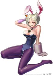 1girls battle_bunny_riven bimbo blonde_hair breasts bunny_ears bunny_tail bunnysuit busty carrot cleavage detached_collar heart-shaped_pupils hourglass_figure league_of_legends legs necktie pantyhose red_eyes riven sp_magaet voluptuous white_hair wrist_cuffs