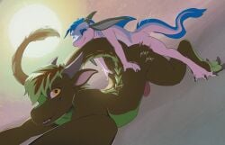 anal anal_sex anthro anthro_on_anthro anthro_penetrated anthro_penetrating anthro_penetrating_anthro claws digitigrade dragon drakawa duo erection fangs finger_claws from_behind_position genitals green_body green_scales horn kawa_(drakawa) larger_penetrated looking_at_viewer male male/male male_penetrated male_penetrating male_penetrating_male mythological_creature mythological_scalie mythology penetration penis pink_body raised_tail scales scalie sex shaded size_difference smile snout sound_effects sun tail tail_tuft teeth text thrusting toe_claws tuft wingless_dragon yellow_eyes