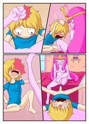 adventure_time blonde_hair female finn_the_human human male pink_hair pink_skin princess_bubblegum straight wb_(pixiv5616725)