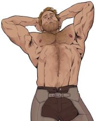 1boy arm_hair armpit_hair armpits arms_behind_head arthur_morgan beard beard_stubble beefy belly_hair bonjourdraws casual chaps chest_hair color crotchless_chaps facial_hair hair hairy hairy_armpits hairy_chest hairy_male half-dressed jeans looking_at_viewer looking_down male male_only muscles muscular muscular_male nipples no_sex no_shirt no_visible_genitalia pecs pubic_hair red_dead_redemption_(series) red_dead_redemption_2 relaxed sfw shirtless shirtless_male smiling suggestive suggestive_look unbuttoned_pants
