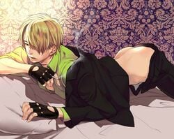 1boy ass bed blonde blonde_hair blonde_hair_male blonde_male blush cigarette fingerless_gloves gloves green_shirt hair_over_one_eye looking_at_viewer male male_only muscle one_piece sanji smoke solo solo_male suit undressing vinsmoke_sanji wallpaper yuu_(1969loy)