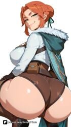 1girl ai_generated artist_name ass ass_focus bangs blizzard_entertainment boots braid breasts cameltoe freckles freja_(overwatch) from_behind fur_trim gloves green_eyes hair_bun hair_ribbon hood hood_down huge_ass large_breasts looking_at_viewer looking_back orange_hair overwatch overwatch_2 patreon pouch questionable ribbon senpai_pixels shorts simple_background smile solo squatting thigh_boots thighhighs thighs white_background