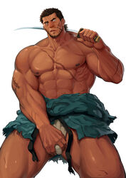 abs bara blush bulge facial_hair looking_at_viewer male male_only muscle muscles nipples pecs sword tagme torn_clothes weapon word yaoi