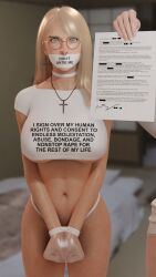 1girls 3d bad_end bagged_hands beauty_mark beauty_mark_under_eye bed bedroom blender blender_eevee blonde_hair blue_eyes bondage bondage_mittens bound bound_wrists breasts captured choker contract cross_earrings cross_necklace damsel_in_distress degradation degradation_text degrading_accessory female female_focus femboy femboydom femsub frustrated gag gagged glasses grace_(osimai) helpless huge_breasts imminent_rape imminent_sex kidnapped lip_piercing looking_at_viewer luka_(osimai) mole mole_above_mouth mole_on_nose mole_under_eye muffled nose_piercing nose_ring original_character osimai paper rope rope_bondage slave t-shirt tape_gag text_on_clothing text_on_gag text_on_shirt text_on_topwear thong tied_up white_choker white_panties white_shirt white_thong worried worried_expression