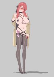 bare_shoulders black_bow black_collar black_pantyhose black_shoes black_thong blush bondage bow breasts brown_coat cameltoe cellphone coat collar condom crotchless crotchless_pantyhose ear_piercing female hairbow heart_pasties high_heels jewelry large_breasts long_hair looking_down multiple_condoms navel navel_piercing nose_blush original pantyhose pasties phone piercing pussy_juice_stain red_eyes red_hair ring selfie shibari_under_clothes shoes simple_background smartphone stank sweat used_condom_in_clothes