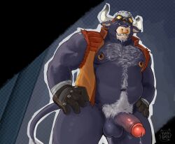 abstract_background accessory anthro artist_name balls baranaduu beard belly biceps blue_body bodily_fluids body_hair bottomless bovid bovine broken_horn cattle chest_hair chuck_(wild_blue) clothed clothing dripping ear_piercing ear_ring erection eyewear eyewear_on_head facial_hair facial_piercing foreskin front_view fur genital_fluids genitals glans gloves goggles goggles_on_head grey_hair grin hair hands_on_hips handwear happy_trail headband hi_res horn humanoid_genitalia humanoid_penis humble_games jacket looking_at_viewer male mammal musclegut muscular muscular_anthro muscular_male navel nipple_piercing nipple_ring nipples nose_piercing nose_ring orange_clothing orange_jacket orange_topwear outline pecs penis piercing precum precum_drip pubes purple_eyes purple_nipples retracted_foreskin ring_piercing septum_piercing sleeveless_jacket slightly_chubby smile solo standing tail text topwear vein veiny_penis vest watermark white_outline wild_blue wraps wrist_wraps