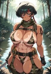 abs ai_generated belt bikini black_hair breasts camo camouflage cleavage face_markings facepaint female gilndo8 green_eyes headband huge_breasts large_breasts micro_bikini military_clothing muscular muscular_female navel short_hair solo sweat swimsuit tan_skin thick_thighs