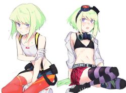 1boy androgynous bikini_top crossdressing embarrassed femboy fully_clothed lio_fotia minishorts promare questionable skirt slim slim_male slim_waist solo stockings thighhighs tight_clothing twink