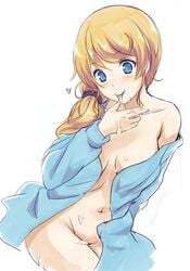 blonde_hair blue_eyes blush breasts bukkake cum ellen_baker female heart jacket kotanuki_(kotanukiya) licking long_hair low_ponytail navel new_horizon open_clothes open_jacket ponytail scrunchie simple_background smile solo tied_hair tongue tongue_out white_background