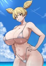 absurdres artist_name bikini breasts cameltoe candy cloud cloudy_sky collarbone commentary covered_nipples cropped_legs female food hands_on_own_hips highres huge_breasts lollipop lollipop_in_mouth micro_bikini momokusa_yomogi navel ocean rdmai shining shiny_skin short_hair short_twintails signature sky solo string_bikini sunlight swimsuit thick_thighs thighs tougen_anki twintails waves wet yellow_eyes