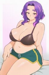 1girl 1girls 2d 2d_(artwork) 2d_artwork black_bra blush blushing_at_viewer boku_no_hero_academia bra breasts chubby chubby_female color colored evoltodraw female female_focus female_only green_shorts kaina_tsutsumi lady_nagant large_breasts light-skinned_female light_skin looking_at_viewer my_hero_academia no_sex pink_highlights purple_eyes purple_hair safe sfw shiny_skin short_shorts shorts sitting smile smiling smiling_at_viewer sole_female thick thick_hips thick_legs thick_thighs tsutsumi_kaina tummy voluptuous voluptuous_female