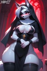 ai_generated anthro ass big_breasts big_butt breasts canid canine church female furry gray_fur hellhound helluva_boss loona_(helluva_boss) nun tagme thick_thighs waist white_fur yaamii