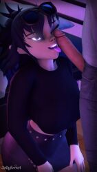 3d 3d_(artwork) ass black_hair breasts clothed clothing crop_top exposed_penis female female_focus glowing glowing_eyes gorillaz huge_ass huge_breasts japanese_female jollyferret licking licking_penis looking_at_viewer male noodle_(gorillaz) on_knees penis photoshop skirt source_filmmaker tan_body tan_skin tongue tongue_out wink winking_at_viewer worship worshiping