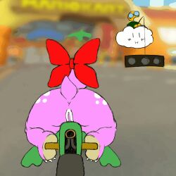 animated anthro ass big_butt birdo birdo_(character) chunkyoreo dinosaur feet female genitals koopa lakitu looking_away mammal mario_bros mario_kart motorcycle nintendo nude nude_female pink_body prehistoric_species reptile ribbons scalie solo tail vehicle vulva