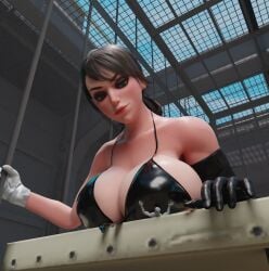 black_bra boob_squish breasts crush crushing femdom giant_breasts giantess huckleberry8181 huge_breasts large_breasts larger_female metal_gear_solid quiet_(metal_gear) smaller_male smug