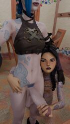 3d annoyed arcane arcane_jinx crawling fortnite futanari hug jinx_(league_of_legends) jules_(fortnite) pubic saggy_balls selfie smirk veiny_penis