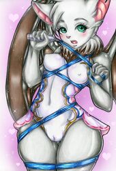 2016 anthro bat bat_wings big_ears big_eyes blush bondage bound breasts cameltoe chest_tuft clothed clothing colored_pencil_(artwork) cute ellise_the_bat eroberry eyebrows eyelashes female fluffy fur fuzzy green_eyes grey_fur hair long_ears looking_at_viewer mammal membranous_wings neck_tuft nipples open_mouth piercing pussy sanguineumrose short_hair simple_background solo teeth tongue tongue_piercing traditional_media_(artwork) tuft white_fur wings