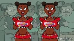 afro_puffs belly_button_piercing big_breasts booty_shorts brown_hair canonical_scene cars_(film) choker crop_top dark-skinned_male dark_skin disney ear_piercings earrings females females_only fingerless_gloves flashing flashing_breasts hair_buns huge_breasts human human_version large_breasts lipstick mia_(cars) navel_piercing pixar planz34 shorts sticker_on_face stickers tagme thick_thighs tia_(cars) top_heavy twins video wide_hips