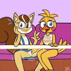 2025 anthro avian bird bodily_fluids chicken digital_media_(artwork) duo embarrassed fazbear_fanverse female female/female finger_fuck fingering fingering_partner five_nights_at_freddy's five_nights_at_freddy's_2 galliform gallus_(genus) genital_fluids genitals humanoid mammal phasianid popgoes popgoes_evergreen rodent sara_(popgoes) sara_the_squirrel sciurid scottgames semi_public sex spread_legs spreading toy_chica_(fnaf) translucent tree_squirrel under_the_table vaginal_fluids vaginal_penetration vulva zurzure