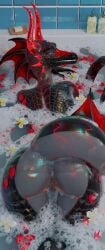 3d_(artwork) absurd_res anthro ass bathtub black_body blender_(artwork) blender_cycles bubble claws digital_media_(artwork) doktor-savage dragon female genitals hi_res horn markings mythological_creature mythological_scalie mythology nude petals purple_eyes savage_(doktor-savage) scalie smile solo tail teeth vulva water