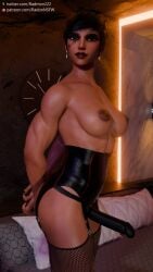 1girls abs areolae black_hair black_lips black_lipstick blender complex_background dark-skinned_female dark_hair dark_lipstick dark_skin female fishnets fit fit_female hands_behind_back hi_res highres looking_at_viewer muscular muscular_female muscular_thighs nipples overwatch overwatch_2 pharah radmon222 self_upload solo solo_female strap-on tomboy