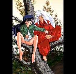 1boy 1girls animal_ears barefoot black_hair bottomless brown_eyes censored female gravity_work_x hand_on_penis inuyasha inuyasha_(character) jacket kagome_higurashi kimono legs long_hair male necklace no_panties one_eye_closed open_mouth outside penis penis_out pussy shirt sitting sky toes tree vagina white_hair