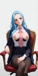 1girl ai_generated black_bra black_eyes black_jacket black_pantyhose black_skirt blazer blue_eyes blue_hair bra bra_pull breasts breasts_out brown_pantyhose buttons chair closed_mouth clothes_pull collared_shirt cupless_bra dress_shirt earrings eyelashes feet_out_of_frame fingernails forehead formal grey_background grey_eyes hand_on_own_thigh head_tilt high-waist_skirt jacket jewelry lace-trimmed_bra lace_trim large_breasts light_blue_hair lips long_hair long_sleeves looking_at_viewer mature_female medium_breasts miniskirt necktie nefertari_vivi nipples office_chair office_lady on_chair open_clothes open_jacket open_shirt pantyhose parted_bangs parted_hair partially_unbuttoned pencil_skirt pink_lips pink_necktie ring shirt shirt_tucked_in simple_background sitting skirt skirt_suit smile solo suit swivel_chair unbuttoned underwear wavy_hair white_background white_shirt wing_collar