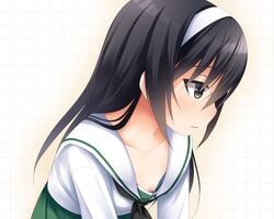 black_eyes black_hair blush breasts female girls_und_panzer hair_ornament haryuu_(poetto) long_hair nipple_slip nipples no_bra open_mouth reizei_mako school_uniform small_breasts solo