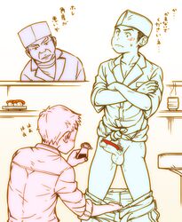 3boys age_difference blush bottomless erection food gay indoors male_only monochrome multiple_boys penis spot_color testicles torte_(triggerhappy) undressing yaoi