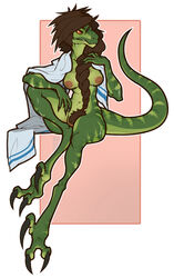 anthro braided_hair breasts brown_hair claws digitigrade dinosaur female hair misericorde nude pussy raptor red_eyes sitting slit_pupils solo theropod towel wet wide_hips