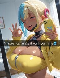 ai-created ai_generated bandeau bangs bed bedroom black_choker blonde_hair blue_eyes blue_hair blue_nails blush breasts canari_(pokemon) canary_(pokemon) cellphone choker cleavage clothing covered_nipples criss-cross_halter cropped_jacket curtains dark-skinned_female dark_skin english_text fellatio_gesture female gyaru hair_ornament half-closed_eyes halterneck holding holding_phone huge_breasts indoors jacket large_breasts long_hair long_sleeves looking_at_viewer mask mask_pull mirror mouth_mask multicolored_hair nail_polish naughty_face navel ok_sign open_clothes open_jacket open_mouth oral_invitation original phone pokemon pokemon_(game) pokemon_legends:_z-a reflection saliva self_shot smartphone smile solo strapless sweat teeth tongue tongue_out tube_top twintails two-tone_hair upper_body window yellow_jacket yellow_nails yuyumiai zipper zipper_pull_tab