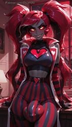 1futa 2025 ai_generated breasts bulge bulge_through_clothing dyzertai futa_only futanari gloves grey_skin hazbin_hotel huge_balls huge_cock looking_at_viewer medium_breasts moon night red_eyes red_hair red_moon self_upload solo twintails velvette
