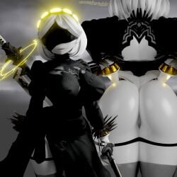 1girls 3d 3d_(artwork) 777bronzestar ass big_ass big_breasts big_thighs blindfold blindfolded breasts clothed clothing crossover_cosplay dat_ass drone dumptruck_ass dumptruck_butt female female_only gigantic_ass gigantic_thighs glitch_productions huge_ass huge_breasts huge_thighs murder_drones nier:_automata robot robot_girl short_hair silver_hair solo tagme thick_hips thick_thighs thighs v_(bysamzan) v_(murder_drones) white_body yellow_eyes yorha_2b_(cosplay)