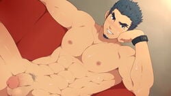 1boy abs bacchikoi! bara black_hair blush couch facial_hair food genji_tadano male male_only muscle muscles nipples pecs penis solo sweat testicles uncensored yaoi